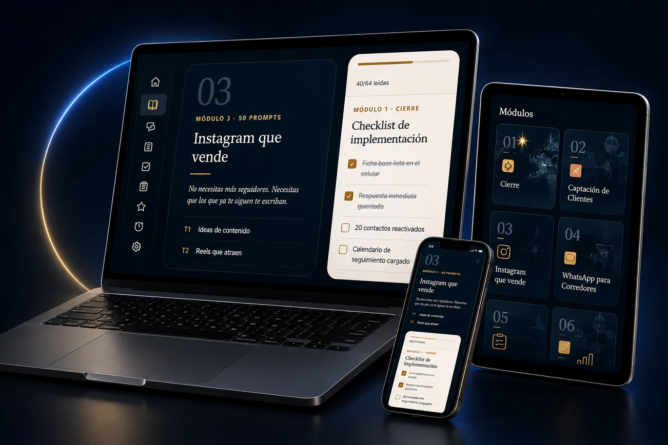 E-book Interactivo Corredor Turbo IA en notebook, tablet y celular con módulos de prompts